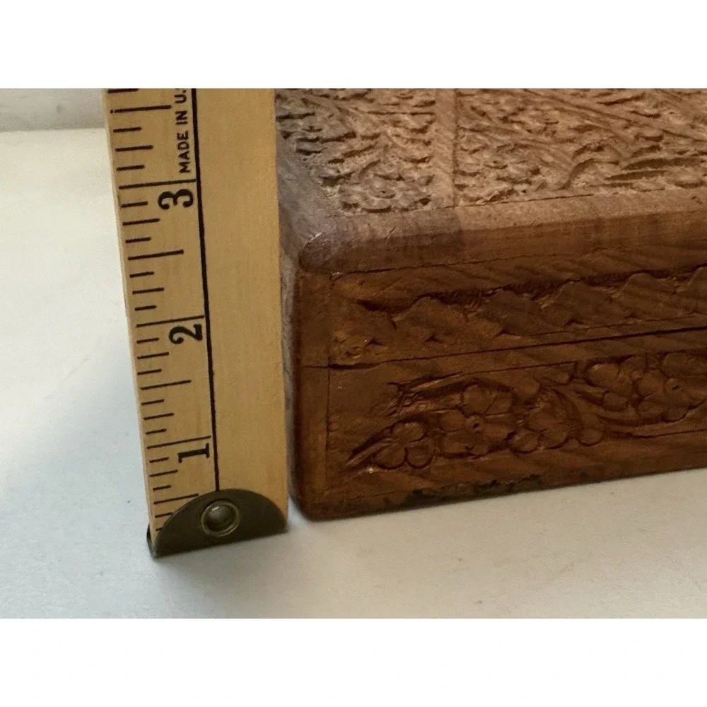 Vintage India Hand Carved‎ Handmade Wood Box Jewelry Trinket Floral Flowers Blue